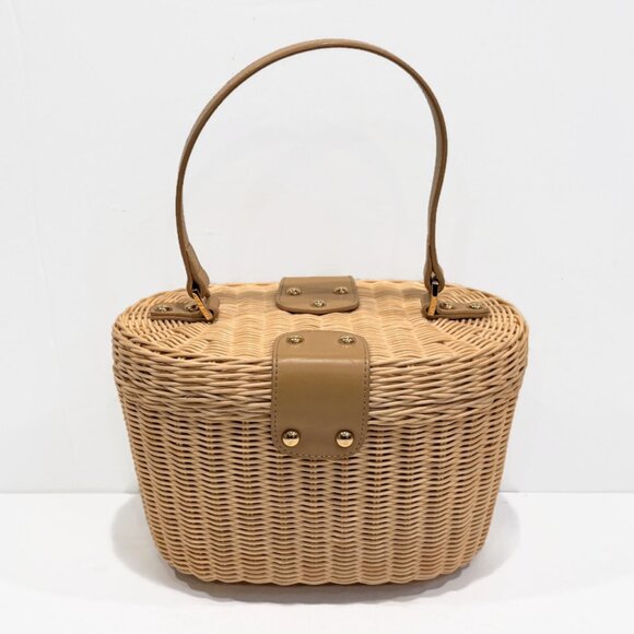 Etienne Aigner Wicker Basket Purse, Yellow Paisley Interior, Gold Toned Details - Picture 6 of 11